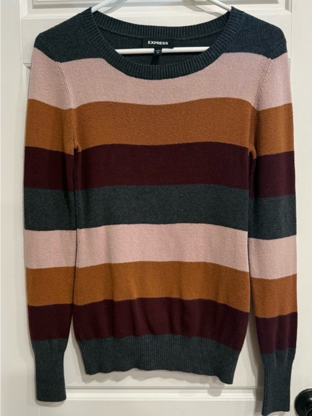 Express Striped Crewneck Sweater Medium Burgundy Pink Mustard Gray NWOT